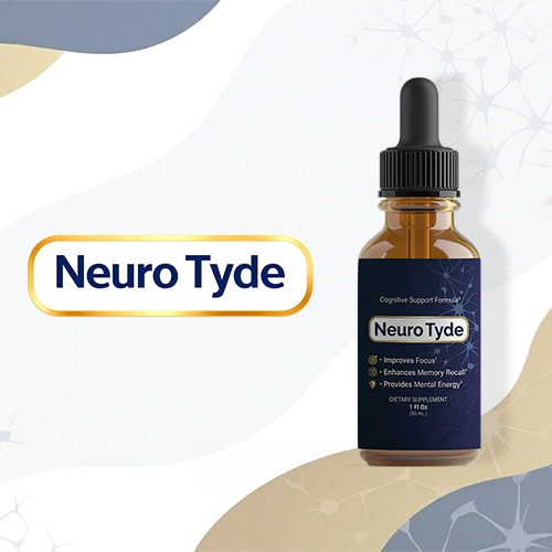 NeuroTyde cognitive support formula dropper bottle with the Neuro Tyde logo on a navy label